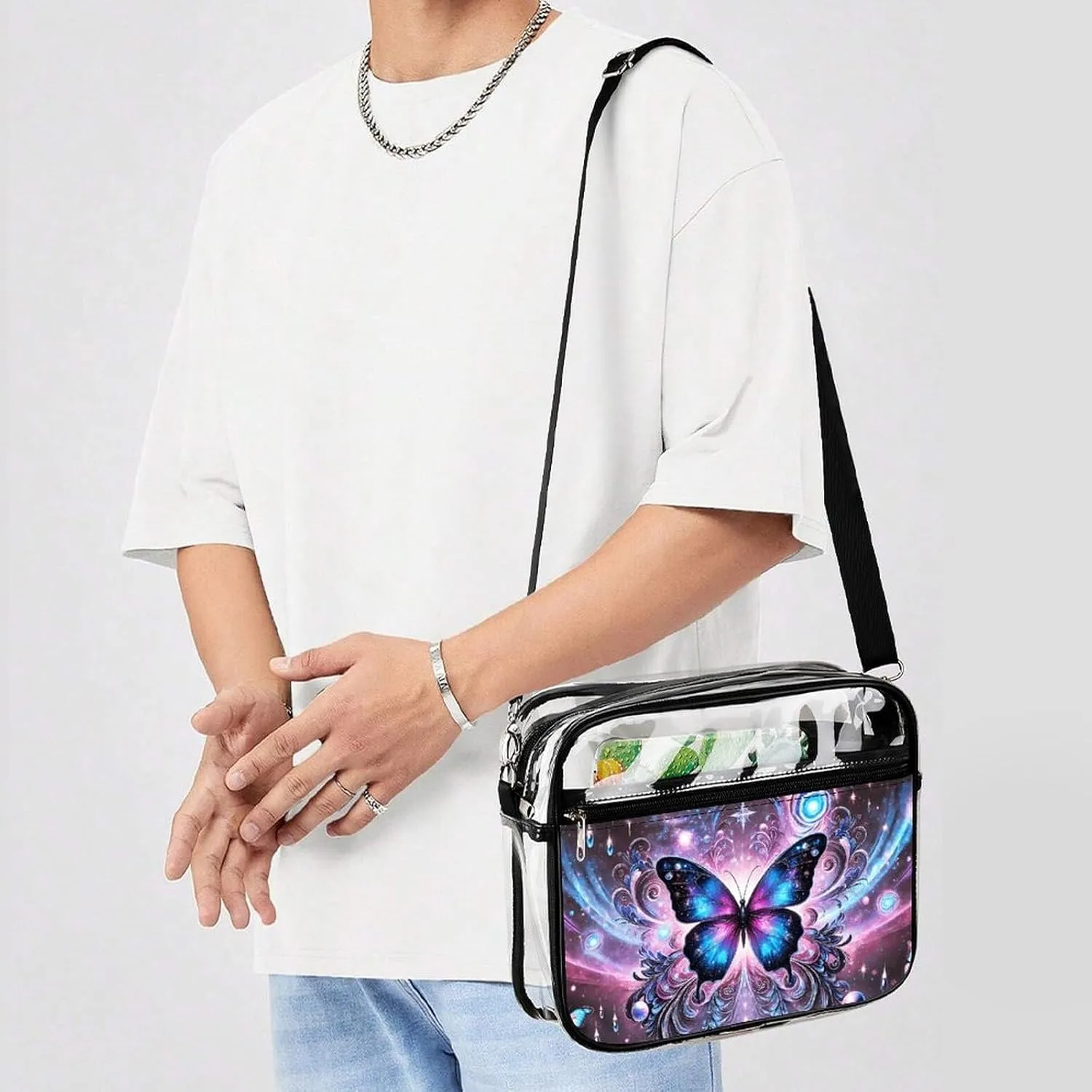 Stylish Butterfly Clear Crossbody Bag - PVC Butterflies Transparent Messenger Bag for Work, Travel and Daily Use
