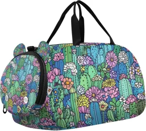 Succulent Cactus Colorful Sports Duffle Bag for Teens Girls Boys, Gym Bag with Shoe Compartment, Kids Travel Overnight Weekender Shoulder Bag