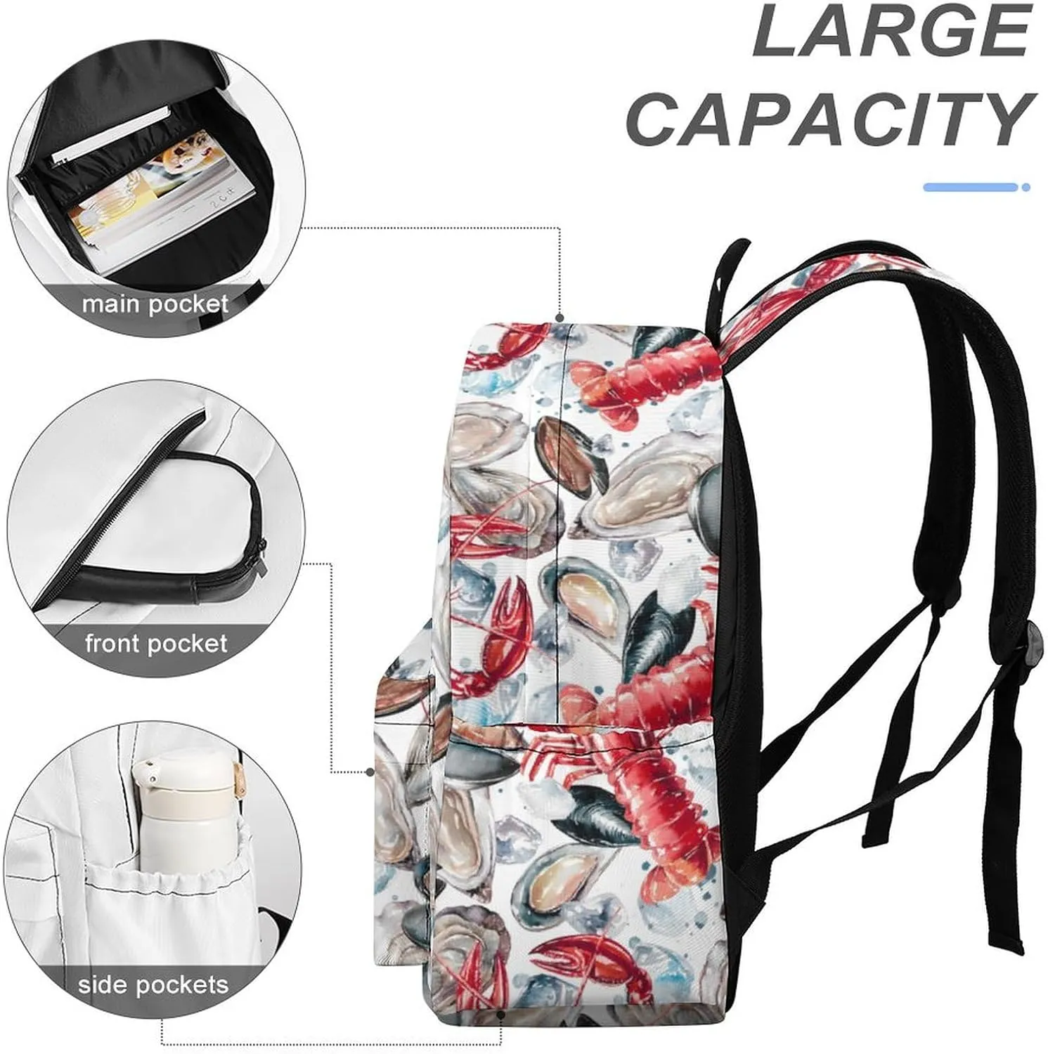 Summer Watercolor Seafood Casual Travel Backpack Lightweight with Multi Compartment Laptop Bagpack for Women Men Hiking Business Work