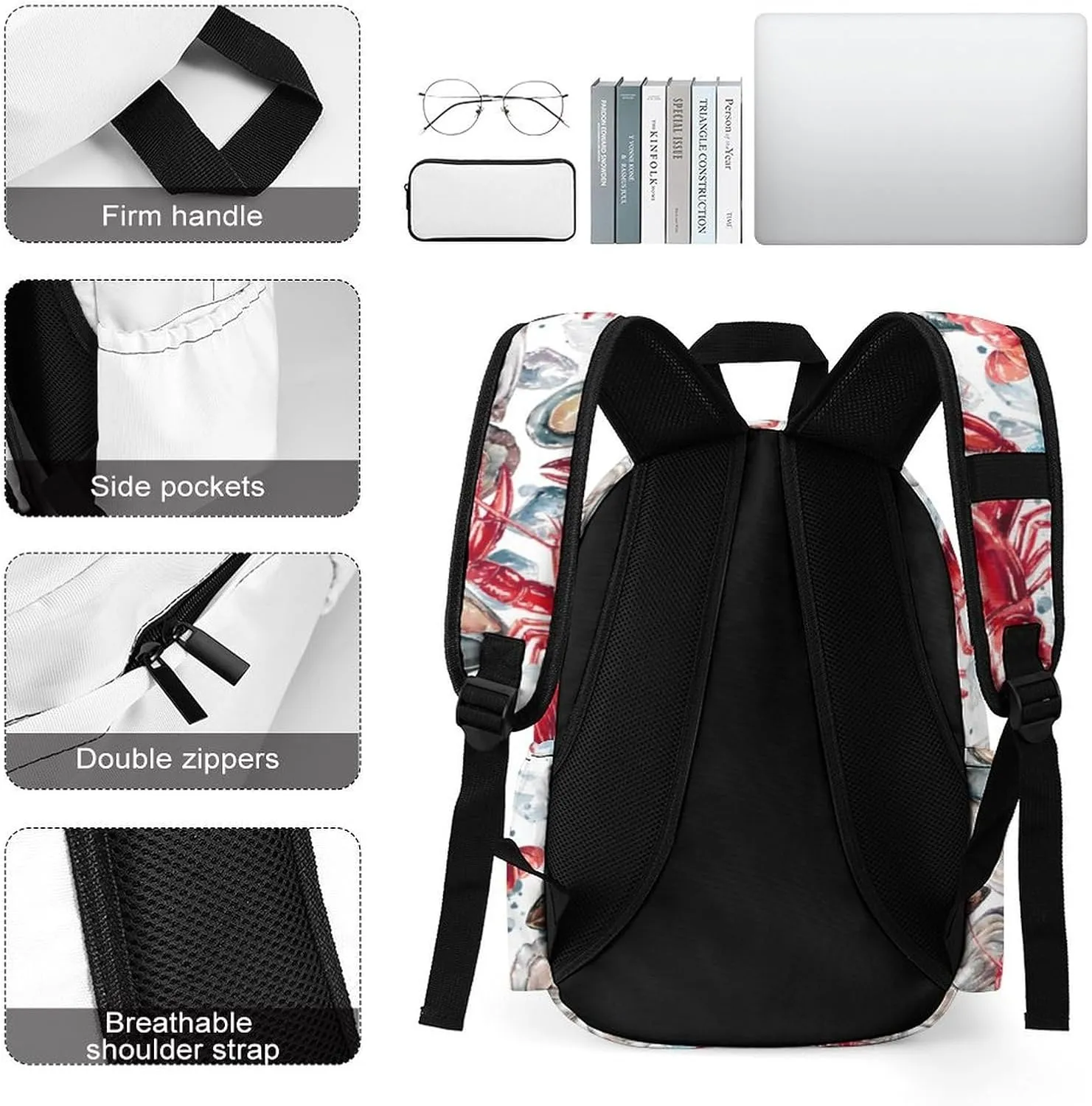 Summer Watercolor Seafood Casual Travel Backpack Lightweight with Multi Compartment Laptop Bagpack for Women Men Hiking Business Work