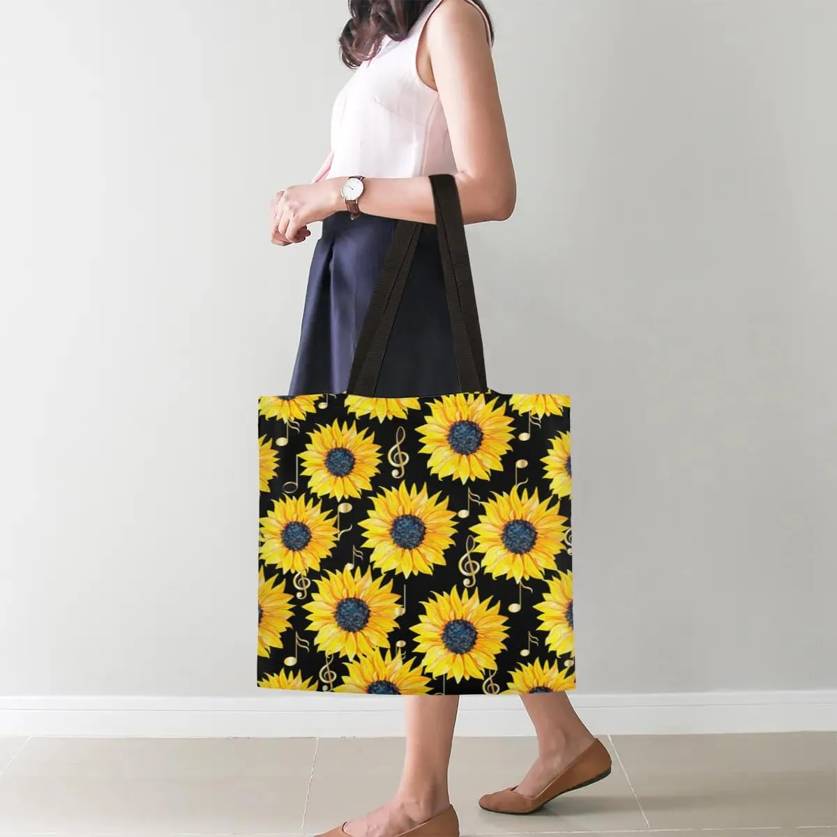 Sunflower Music Symbols Canvas Tote Bag for Women Men Stylish Tote Handbag Shoulder Bag Reusable Grocery Bag