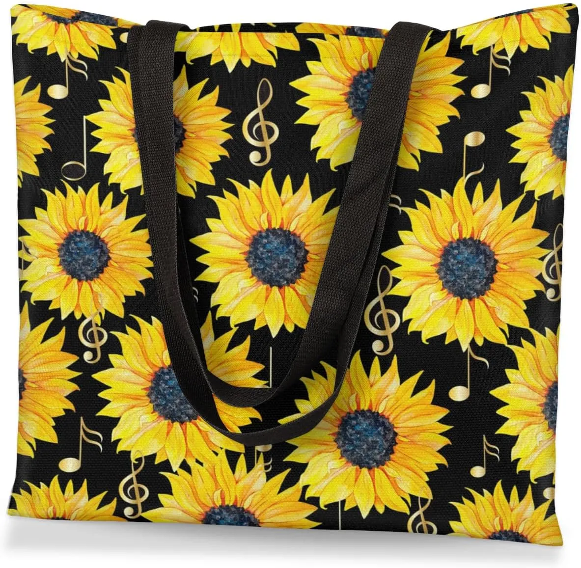 Sunflower Music Symbols Canvas Tote Bag for Women Men Stylish Tote Handbag Shoulder Bag Reusable Grocery Bag