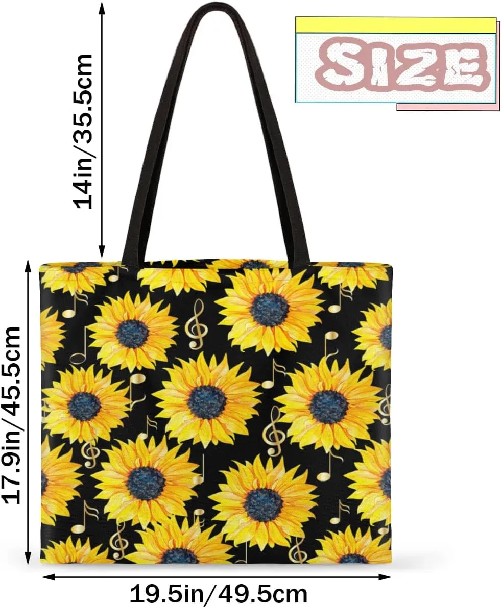 Sunflower Music Symbols Canvas Tote Bag for Women Men Stylish Tote Handbag Shoulder Bag Reusable Grocery Bag