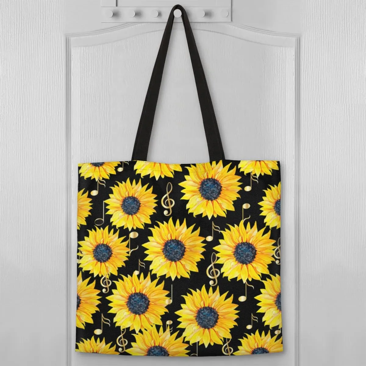 Sunflower Music Symbols Canvas Tote Bag for Women Men Stylish Tote Handbag Shoulder Bag Reusable Grocery Bag