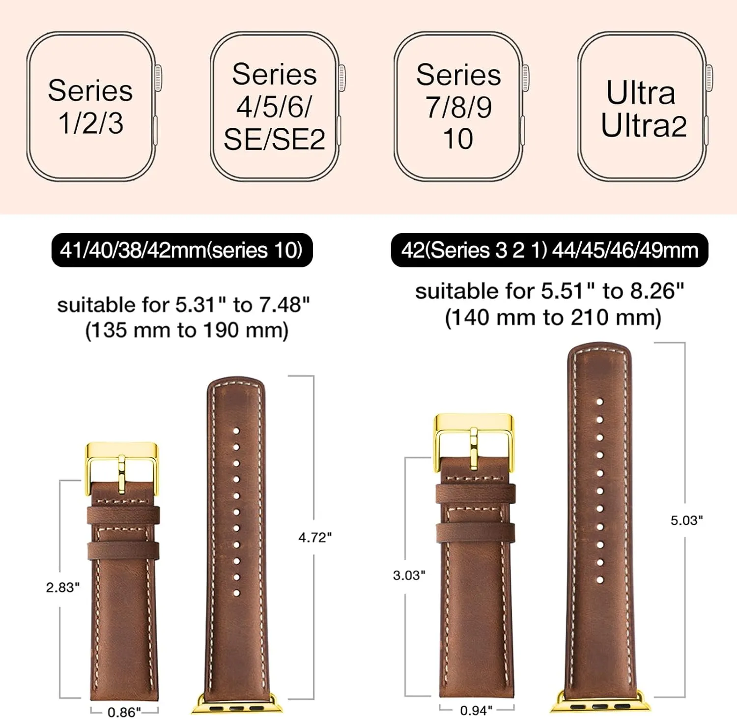 SUNFWR Leather Bands Compatible with Apple Watch Band 42mm(Series 3 2 1) 44mm 45mm 46mm 49mm for Men Women, Top Grain Genuine Leather Replacement Strap for iWatch Ultra 2, Ultra, SE2, SE, Series 10 9 8 7 6 5 4 3 2 1