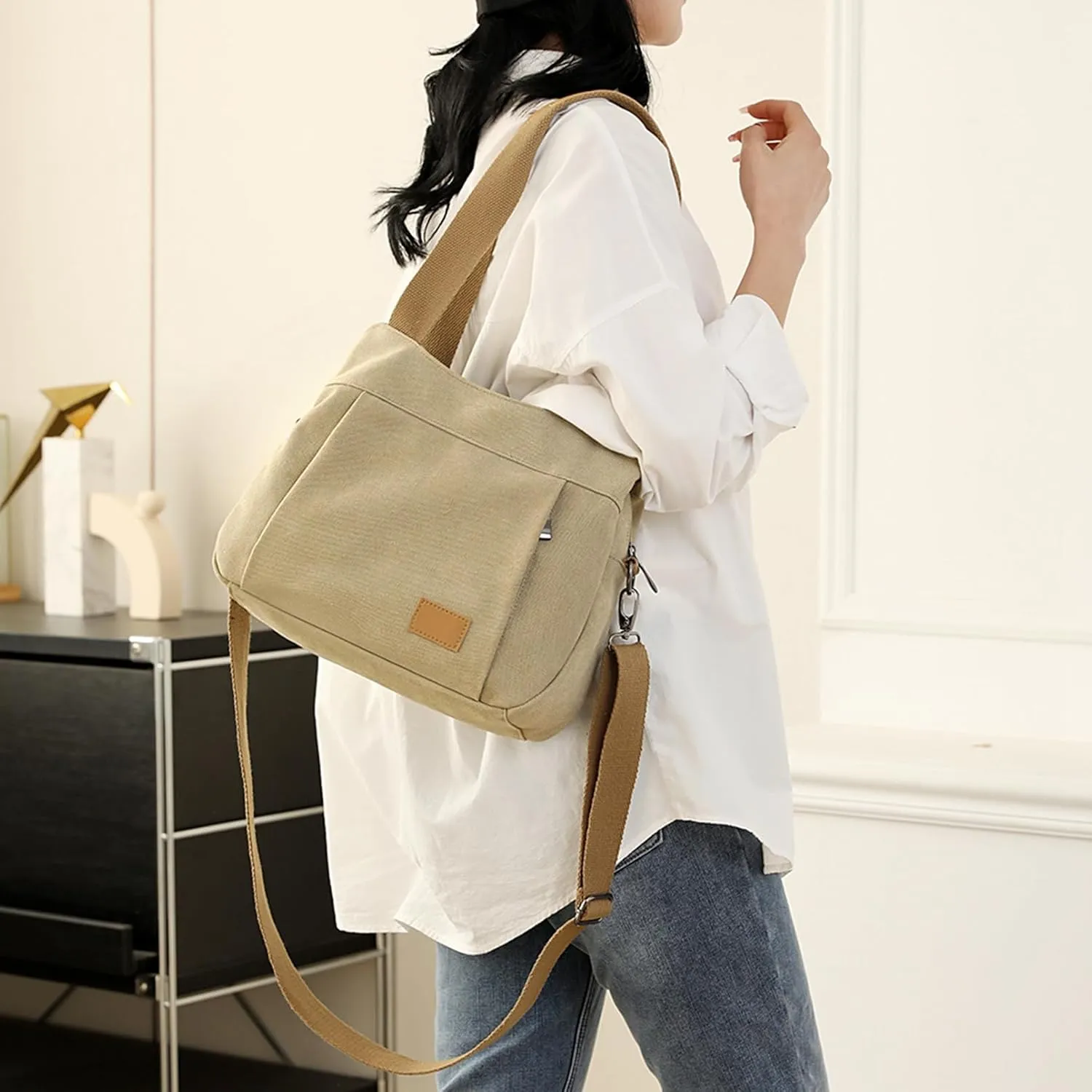 Sunshinejing Women's Canvas Purse Small Shoulder Tote Work Crossbody Bag Multi-pocket Handbag