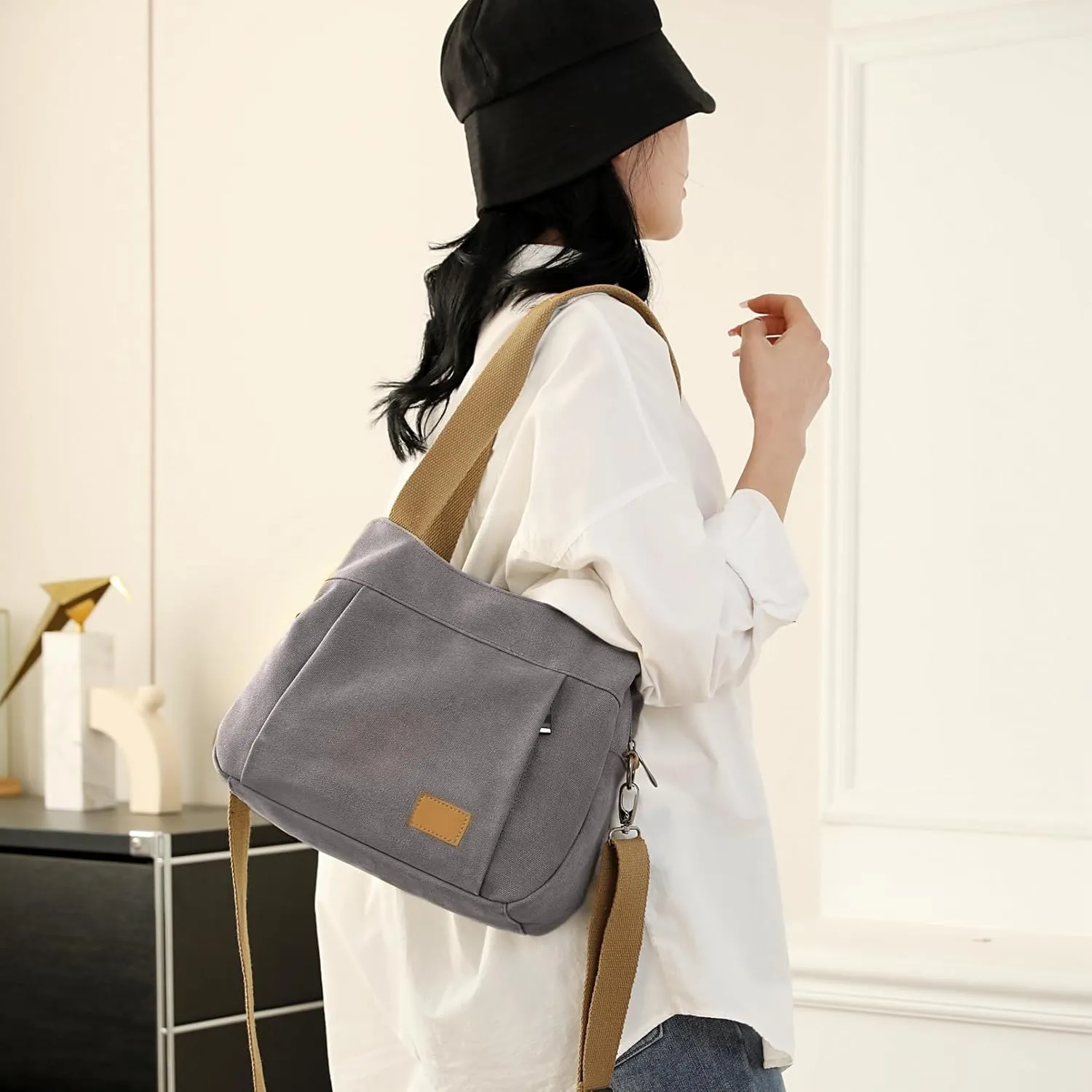 Sunshinejing Women's Canvas Purse Small Shoulder Tote Work Crossbody Bag Multi-pocket Handbag