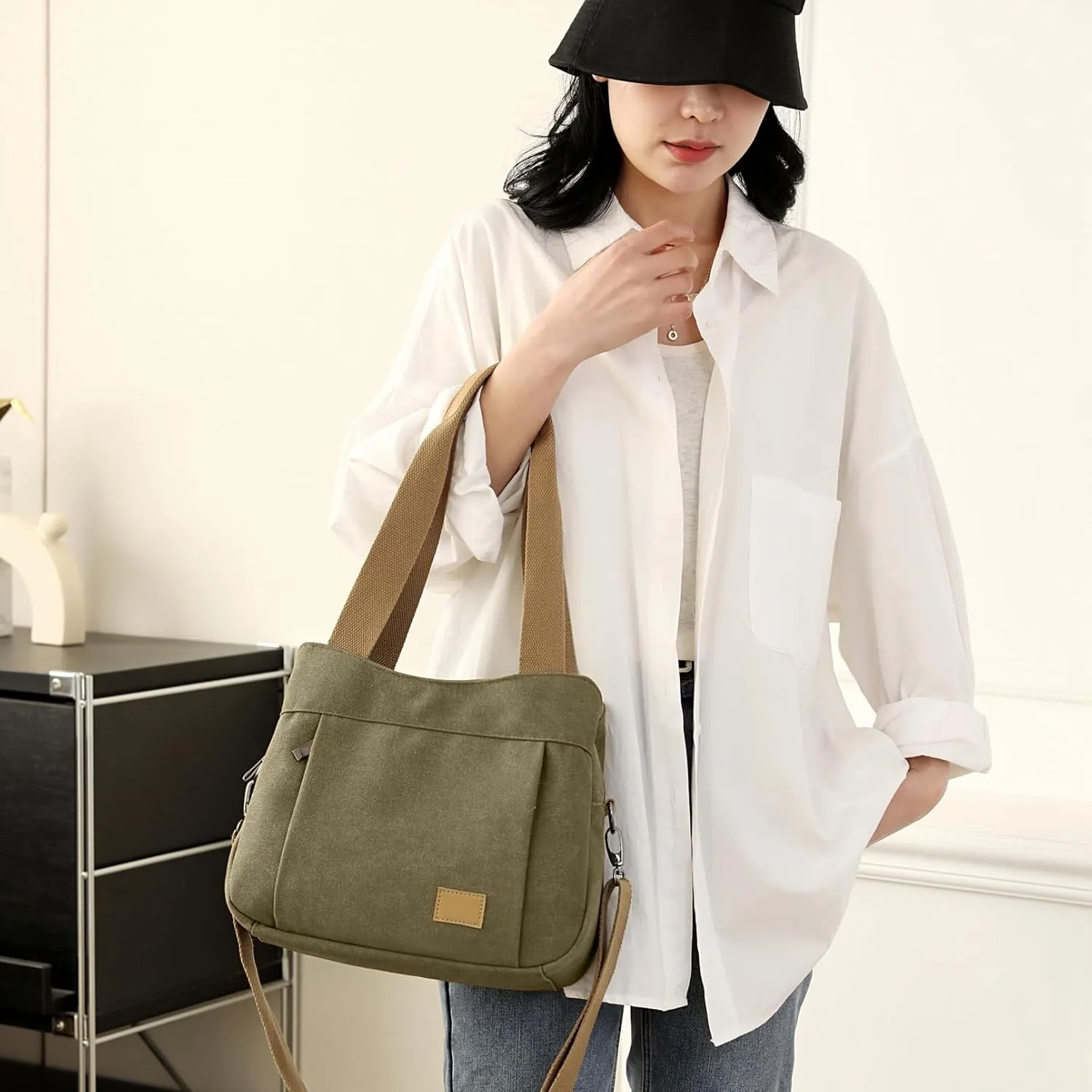 Sunshinejing Women's Canvas Purse Small Shoulder Tote Work Crossbody Bag Multi-pocket Handbag
