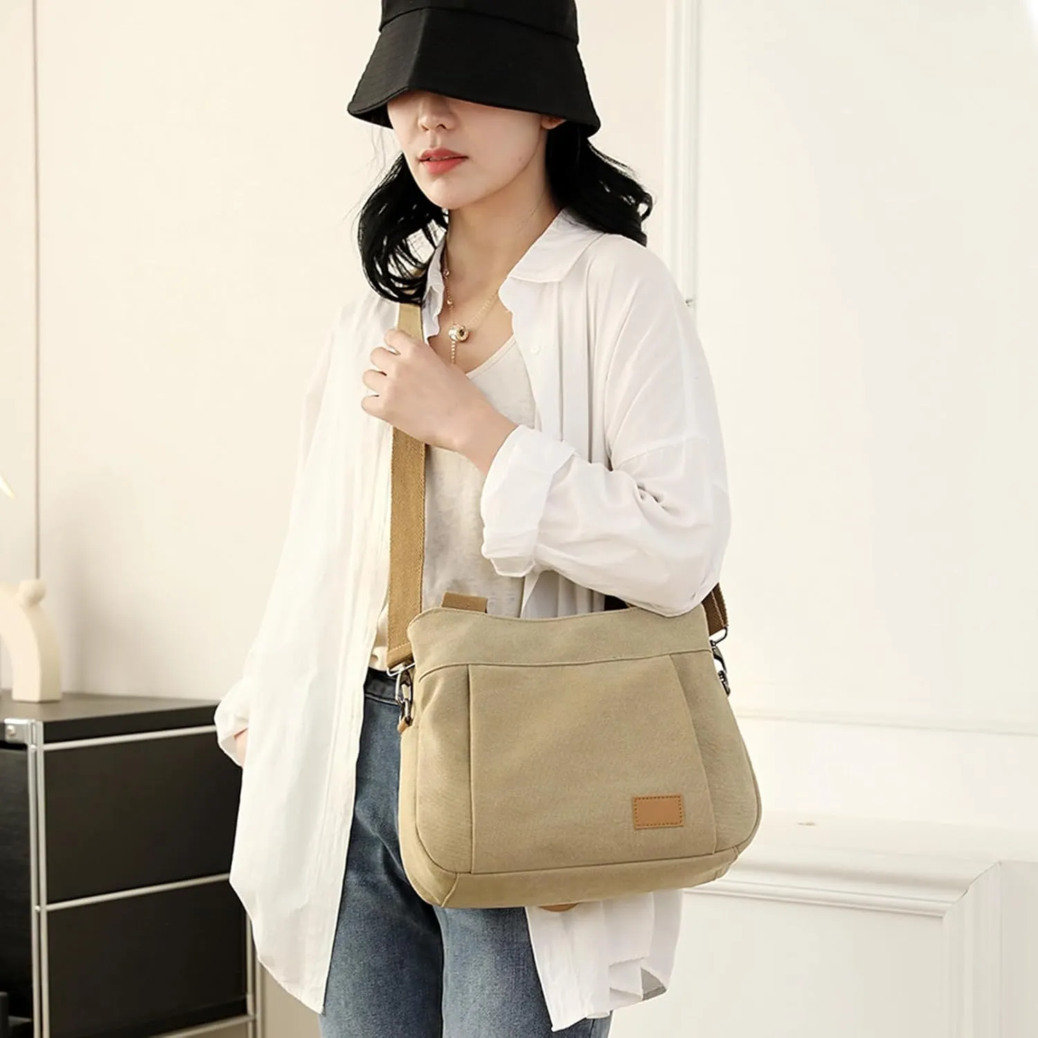 Sunshinejing Women's Canvas Purse Small Shoulder Tote Work Crossbody Bag Multi-pocket Handbag