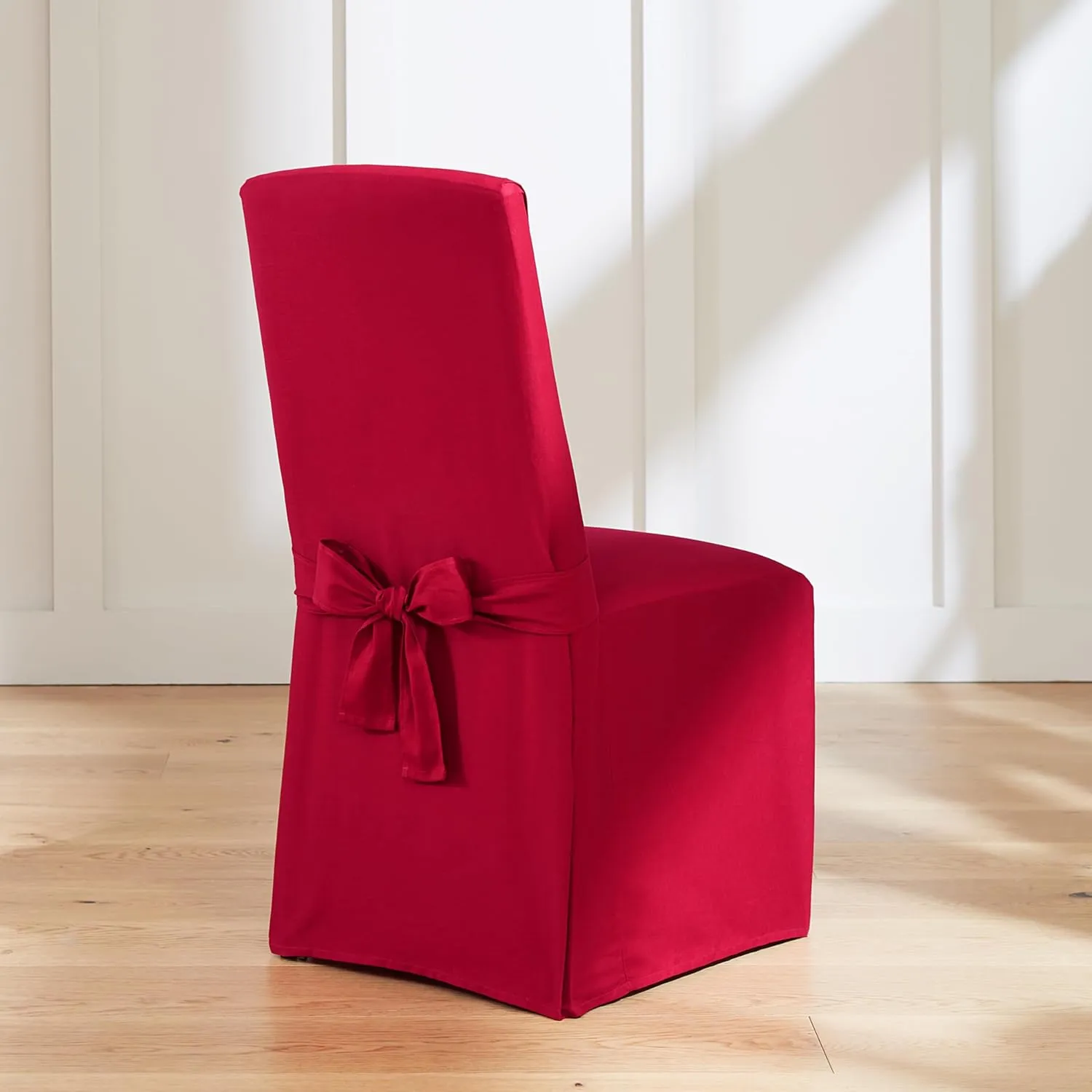 SureFit Cove Cotton Canvas Long Dining Room Chair Covers, Dining Chair Cover with 17 Inch Long Skirt and Corner Pleats, Removable and Machine Washable, Set of 2 Dining Chair Covers, Claret