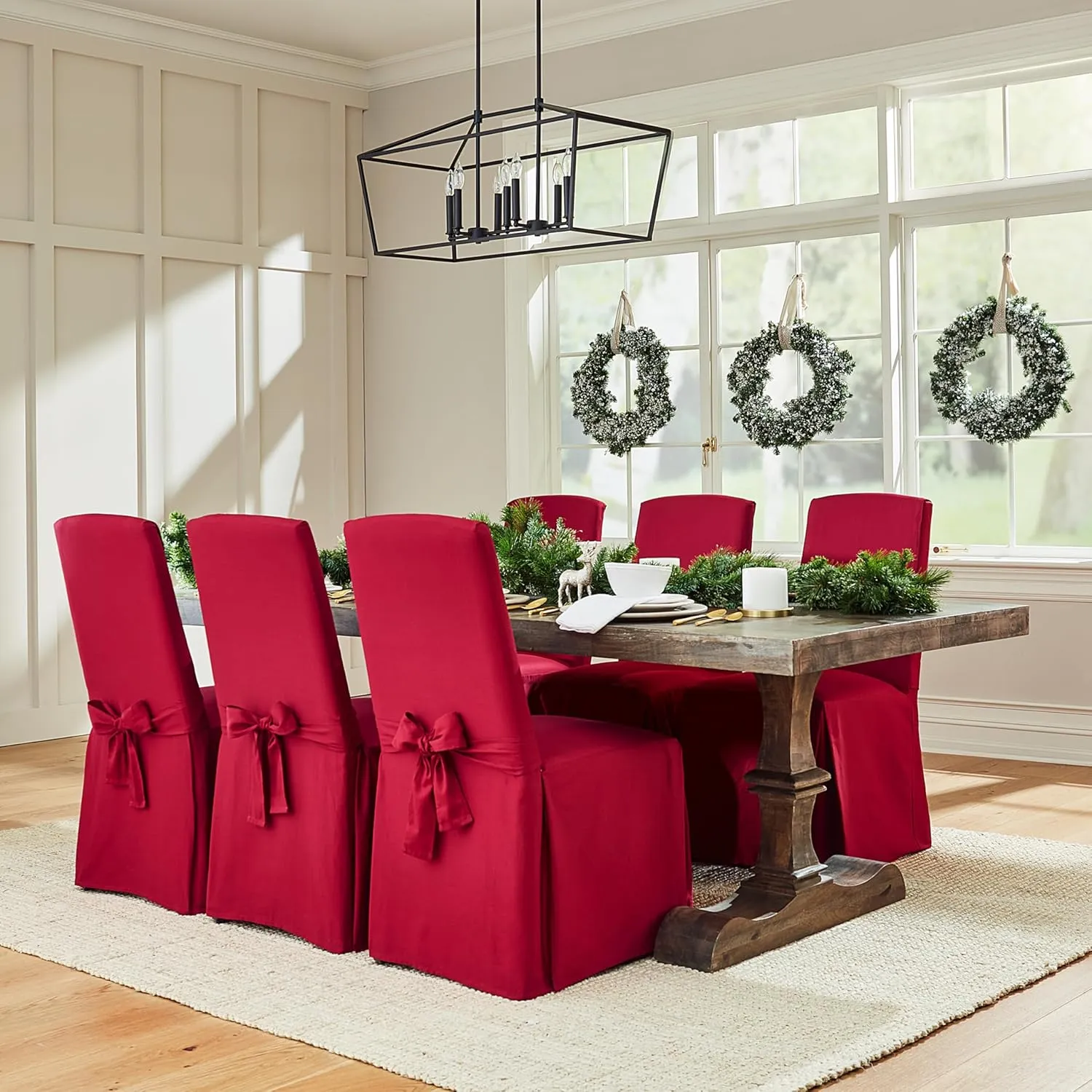SureFit Cove Cotton Canvas Long Dining Room Chair Covers, Dining Chair Cover with 17 Inch Long Skirt and Corner Pleats, Removable and Machine Washable, Set of 2 Dining Chair Covers, Claret