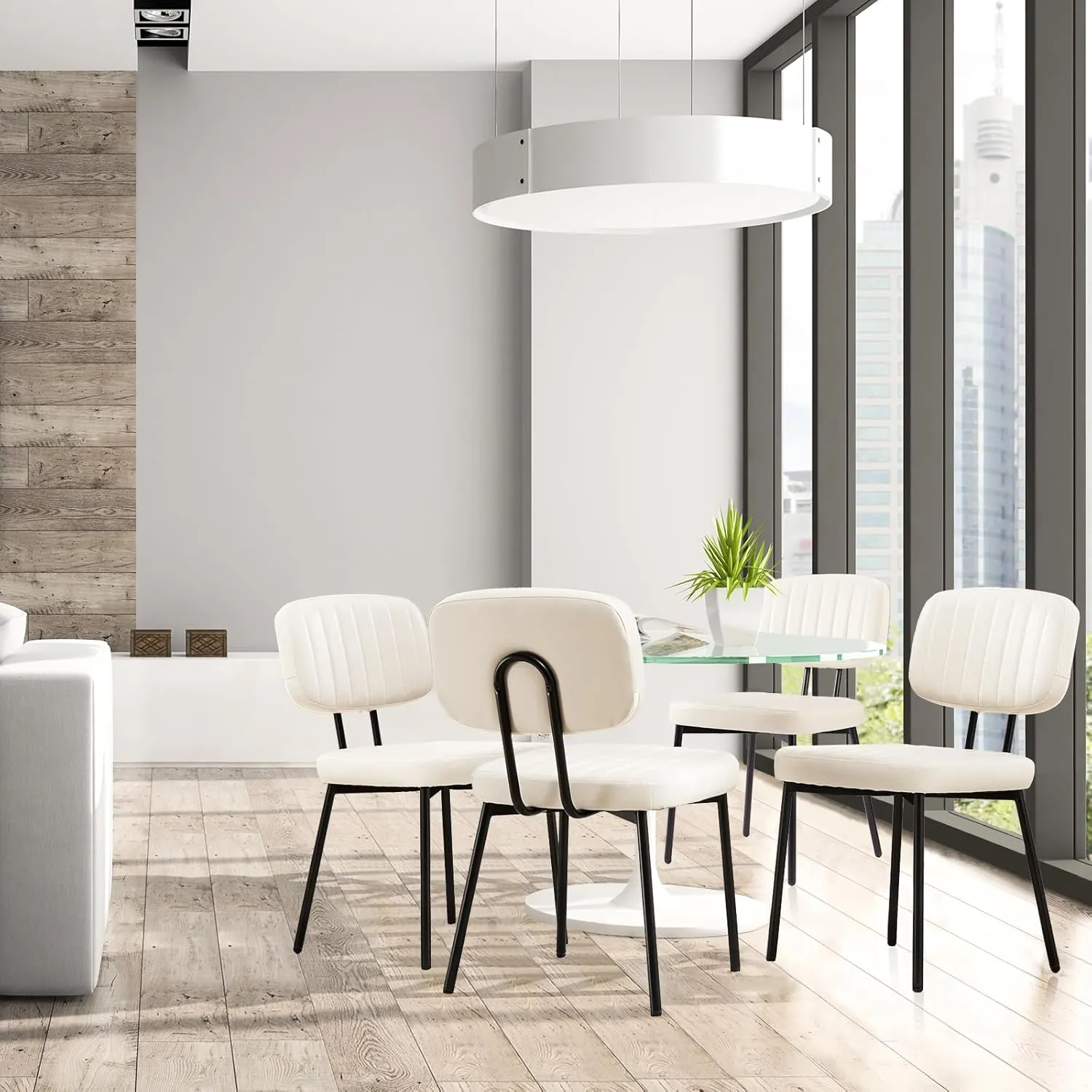 Sweetcrispy Dining Chairs Set of 4, Upholstered Mid Century Modern Kitchen Dining Room Accent Chairs with Faux Leather Cushion Seat & Metal Legs for Kitchen, Living Room - Cream White