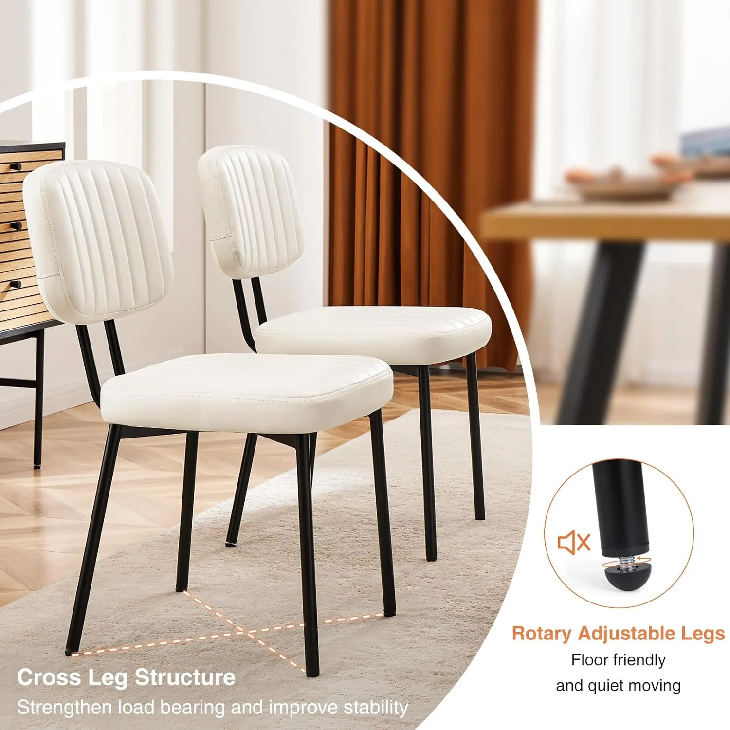 Sweetcrispy Dining Chairs Set of 4, Upholstered Mid Century Modern Kitchen Dining Room Accent Chairs with Faux Leather Cushion Seat & Metal Legs for Kitchen, Living Room - Cream White