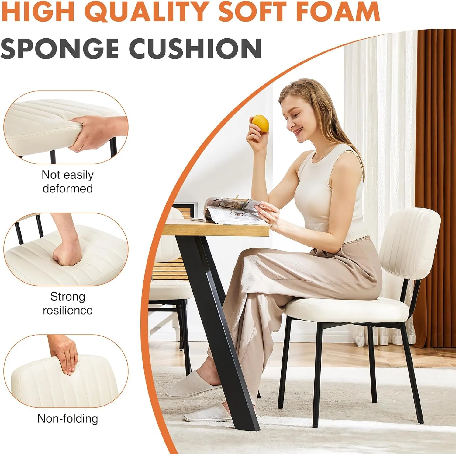 Sweetcrispy Dining Chairs Set of 4, Upholstered Mid Century Modern Kitchen Dining Room Accent Chairs with Faux Leather Cushion Seat & Metal Legs for Kitchen, Living Room - Cream White