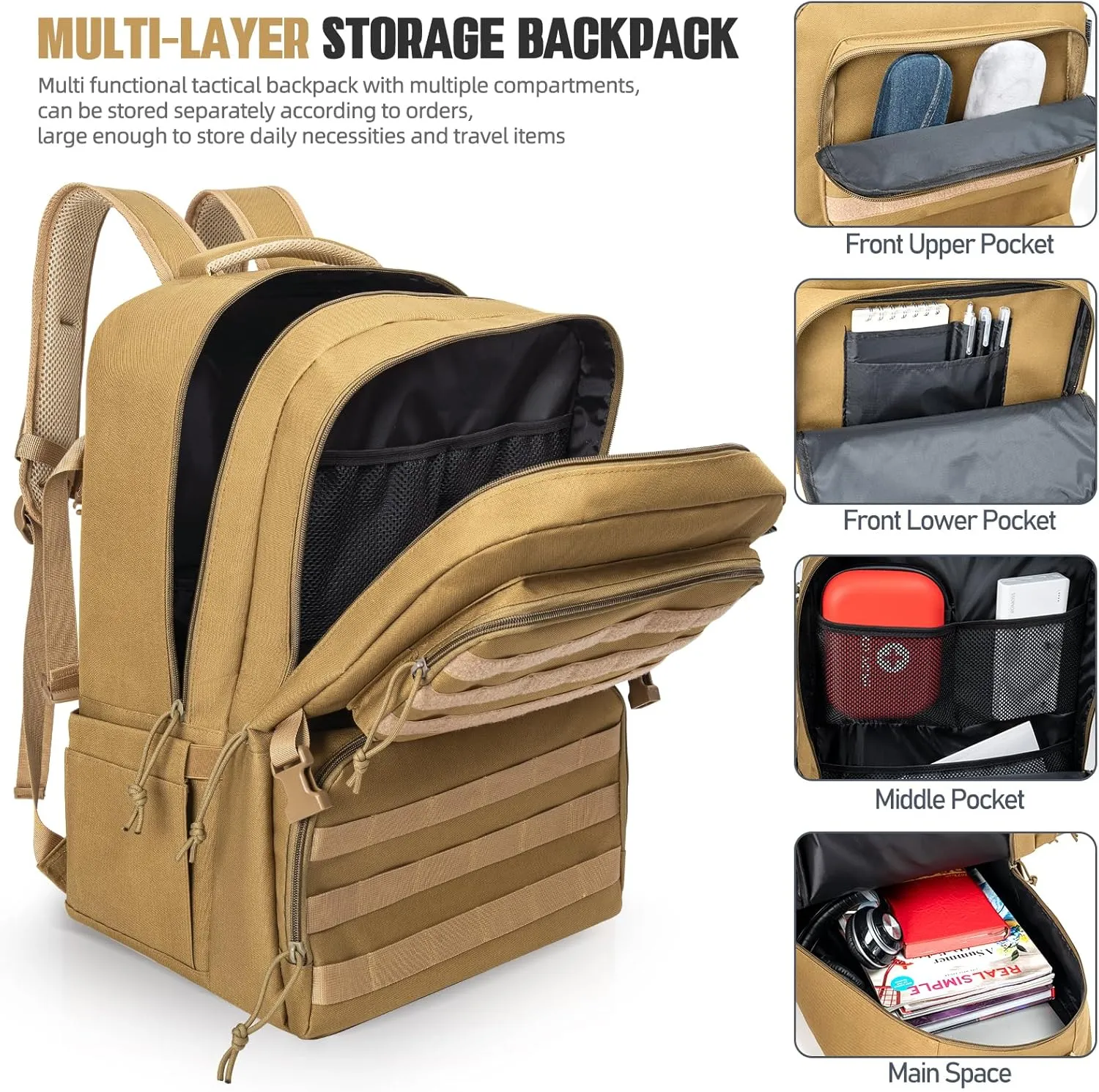 Tactical Backpack Water-resistant Military MOLLE Assault Backpack Bag for Hunting Camping Travel,13" Lx 12" W x 20" H Kahki