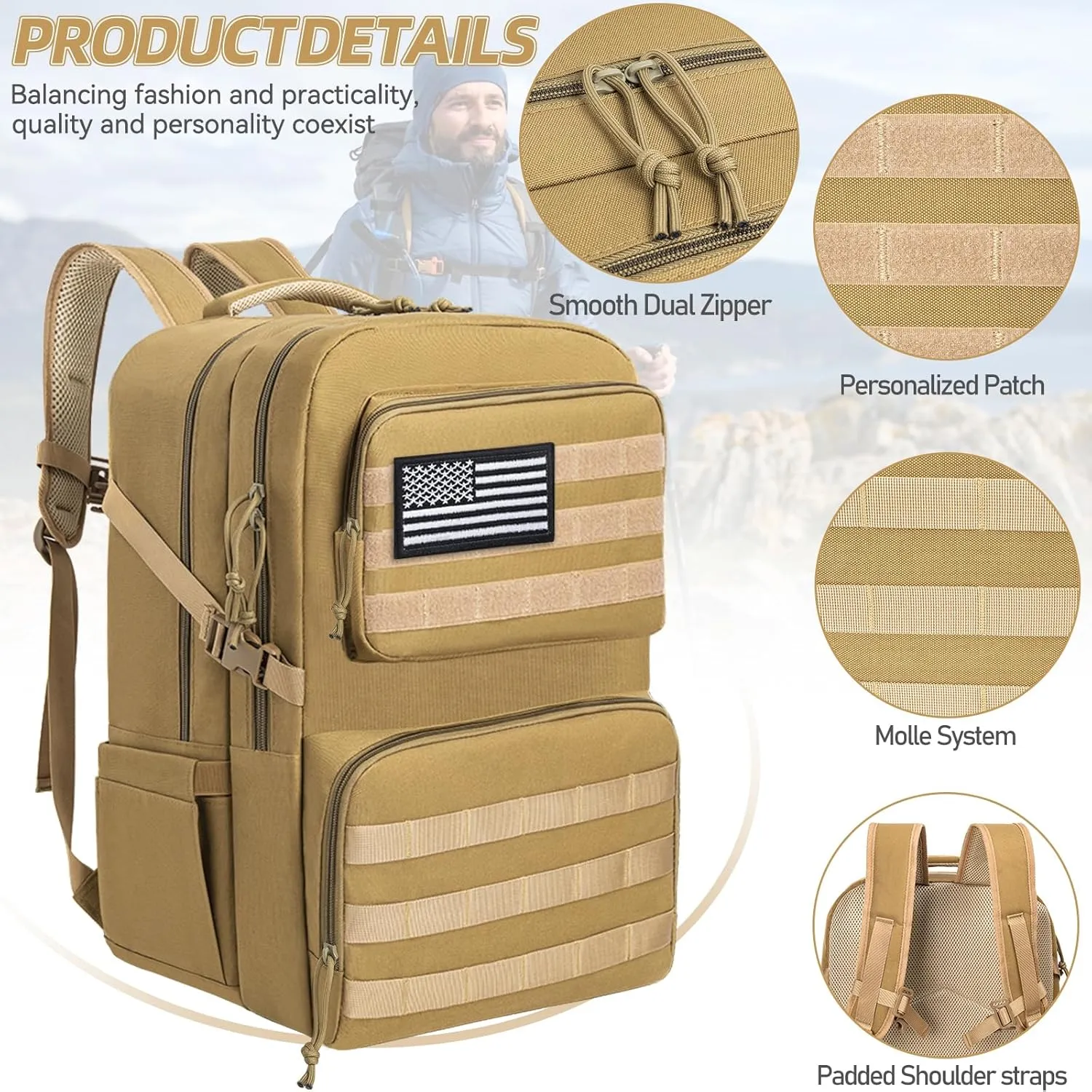 Tactical Backpack Water-resistant Military MOLLE Assault Backpack Bag for Hunting Camping Travel,13" Lx 12" W x 20" H Kahki