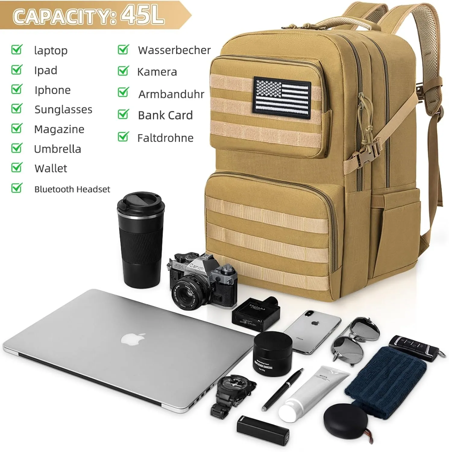 Tactical Backpack Water-resistant Military MOLLE Assault Backpack Bag for Hunting Camping Travel,13" Lx 12" W x 20" H Kahki