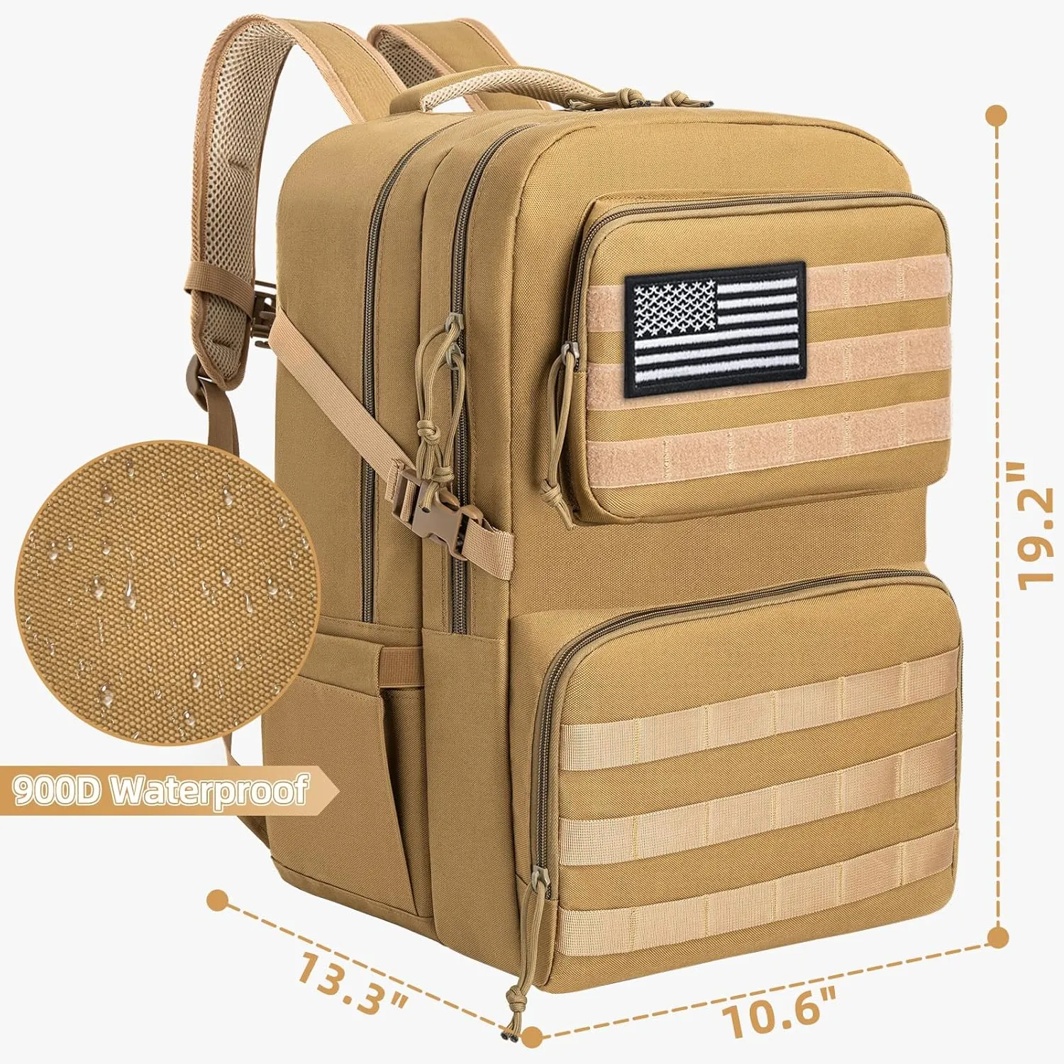Tactical Backpack Water-resistant Military MOLLE Assault Backpack Bag for Hunting Camping Travel,13" Lx 12" W x 20" H Kahki