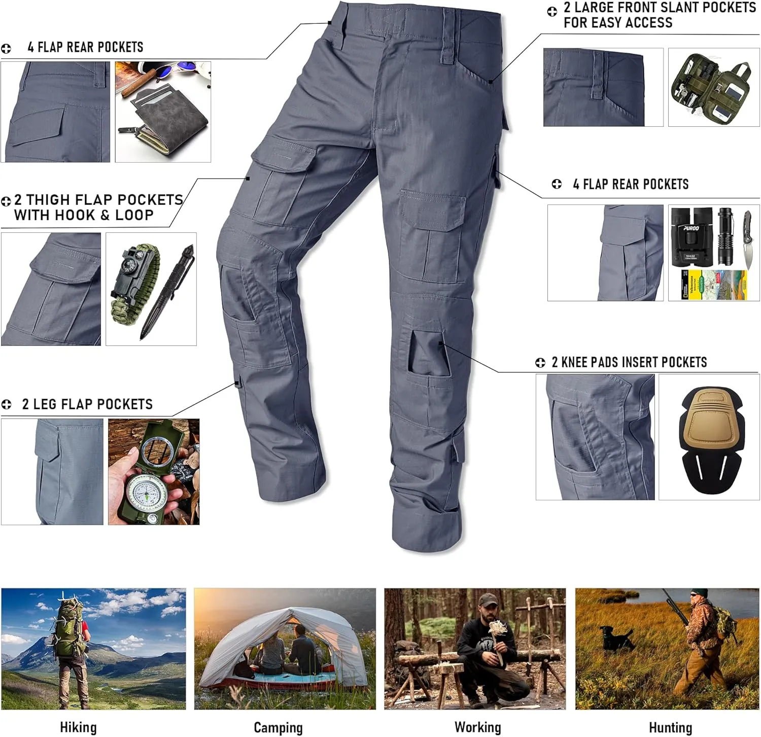 Tactical Camo Cargo Pants for Men - Outdoor Hiking Ripstop Work Pants With Multi Pockets - No Belt, No Kneepad