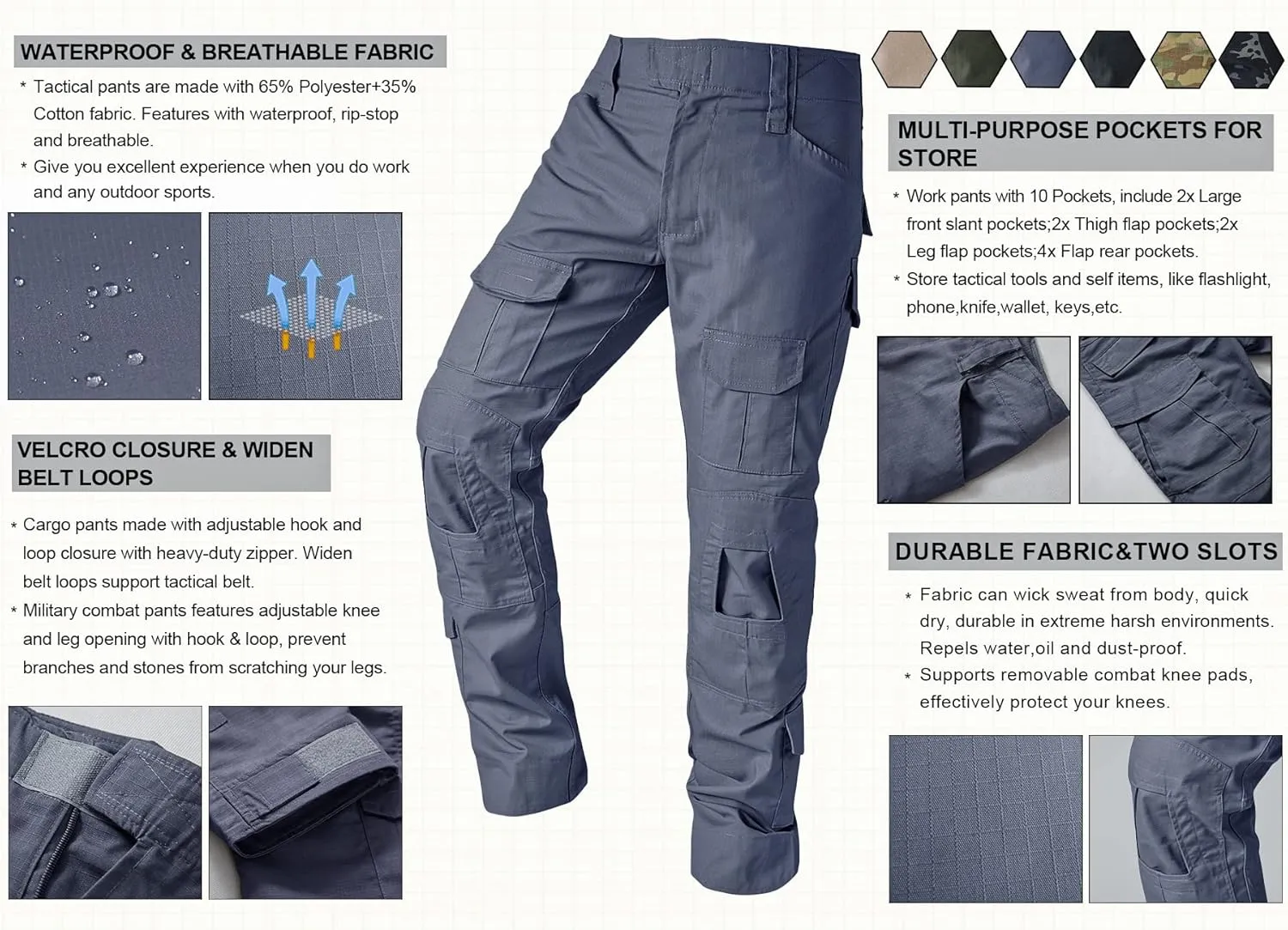 Tactical Camo Cargo Pants for Men - Outdoor Hiking Ripstop Work Pants With Multi Pockets - No Belt, No Kneepad