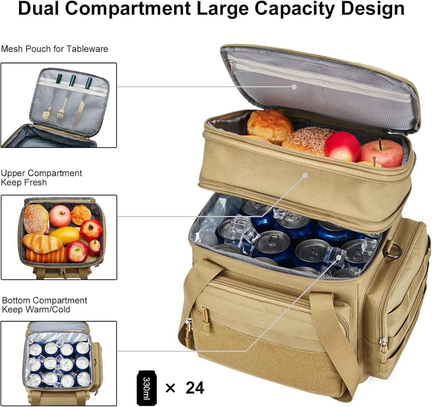 Tactical Lunch Box for Men, Insulated Lunch Bag Adult, Thermal Lunchbox Leakproof Waterproof Cooler Bag, Dual Compartment Lunch tote, Large Lunch Pail for Work Office Travel(Khaki) 15L
