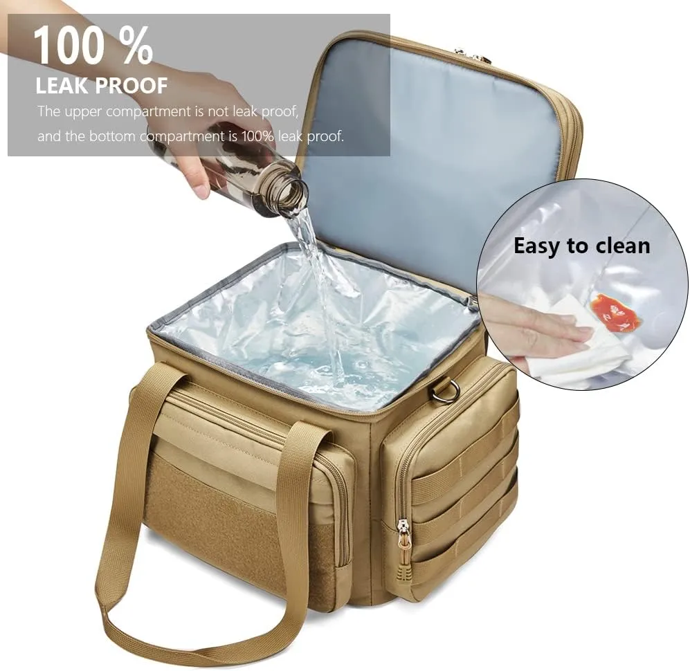 Tactical Lunch Box for Men, Insulated Lunch Bag Adult, Thermal Lunchbox Leakproof Waterproof Cooler Bag, Dual Compartment Lunch tote, Large Lunch Pail for Work Office Travel(Khaki) 15L