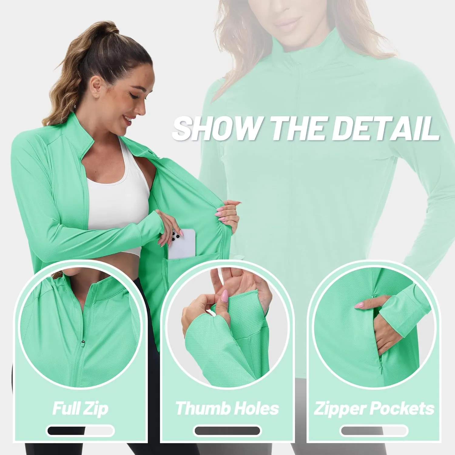 TACVASEN Women's Athletic Jackets Lightweight UV Protection Shirts Full Zip Workout Jacket UPF 50  Long Sleeve Sun Shirt