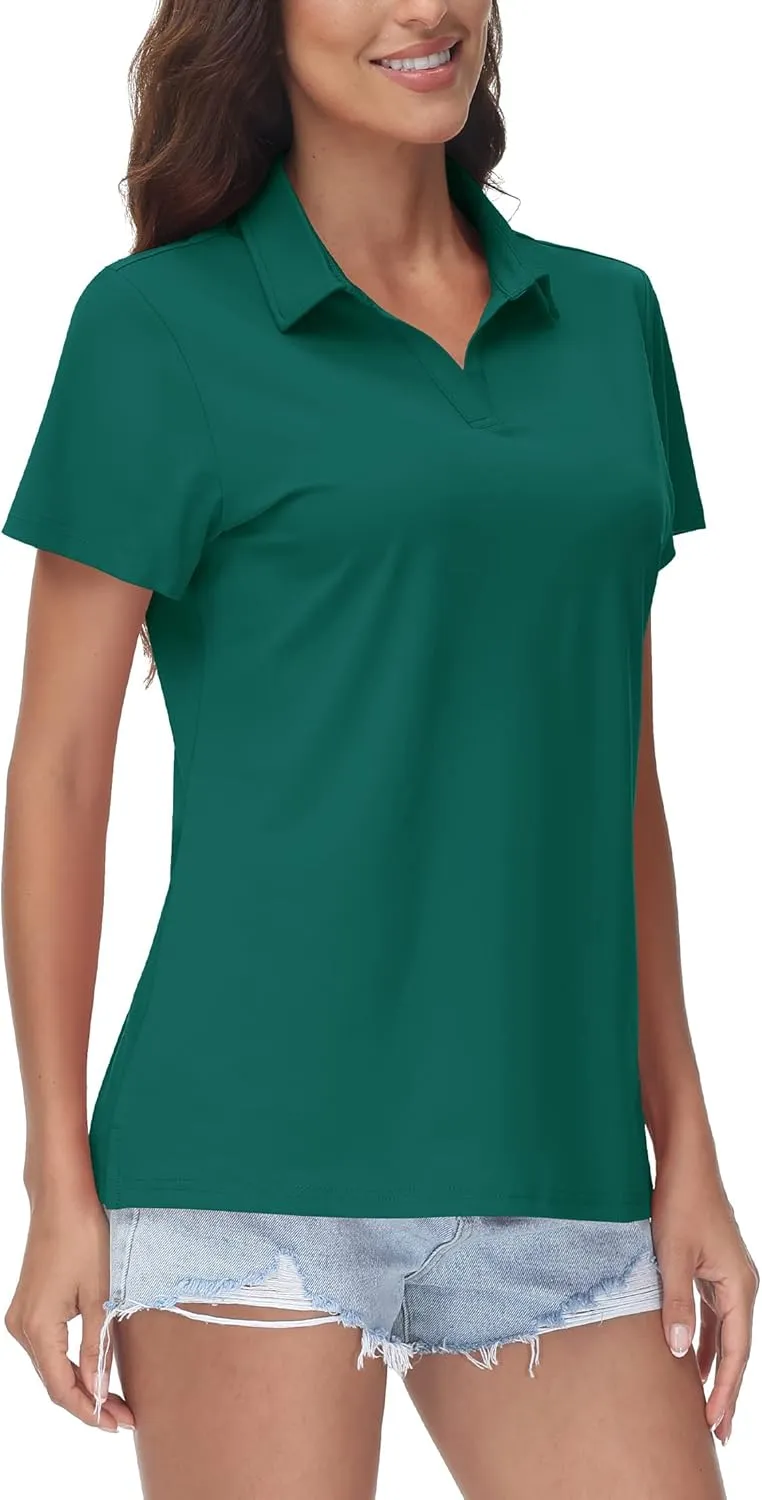 TACVASEN Women's V-Neck Polo Shirts UPF 50  Short Sleeve Sun Protection Quick Dry Golf Polos Collared Shirt