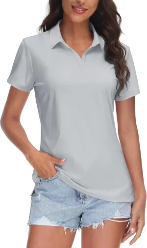 TACVASEN Women's V-Neck Polo Shirts UPF 50  Short Sleeve Sun Protection Quick Dry Golf Polos Collared Shirt