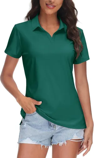 TACVASEN Women's V-Neck Polo Shirts UPF 50  Short Sleeve Sun Protection Quick Dry Golf Polos Collared Shirt