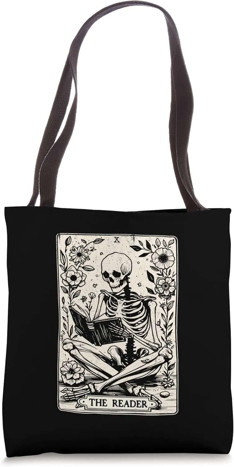 The Reader Tarot Card Skeleton Reading Book Funny Books Tote Bag