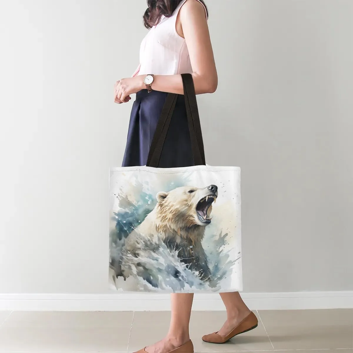 Tiger Cub Tropical Leaves Canvas Tote Bag for Women Men Stylish Tote Handbag Shoulder Bag Reusable Grocery Bag