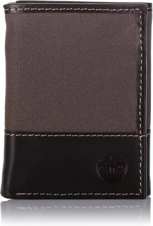 Timberland Men's Canvas & Leather Trifold Wallet, Charcoal, One Size