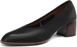 TinaCus Women's Round Toe Genuine Leather Handmade Chunky Heels Office Lady Pumps Shoes