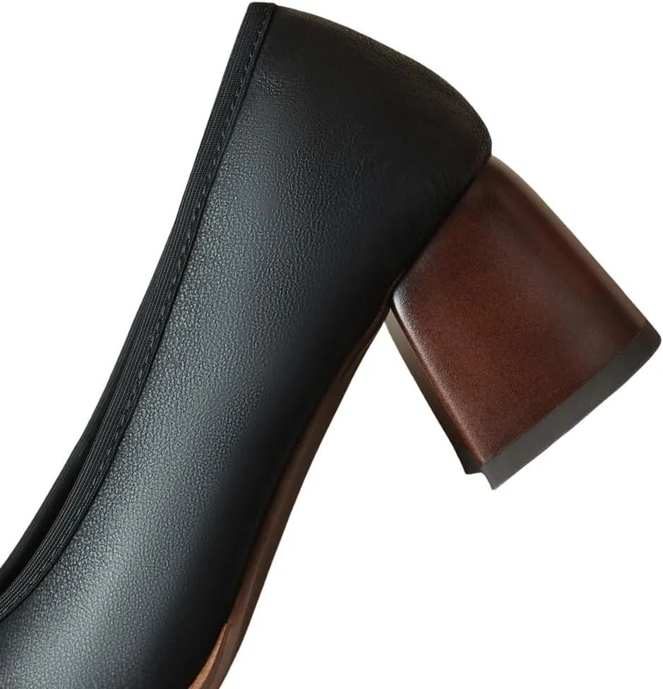 TinaCus Women's Round Toe Genuine Leather Handmade Chunky Heels Office Lady Pumps Shoes