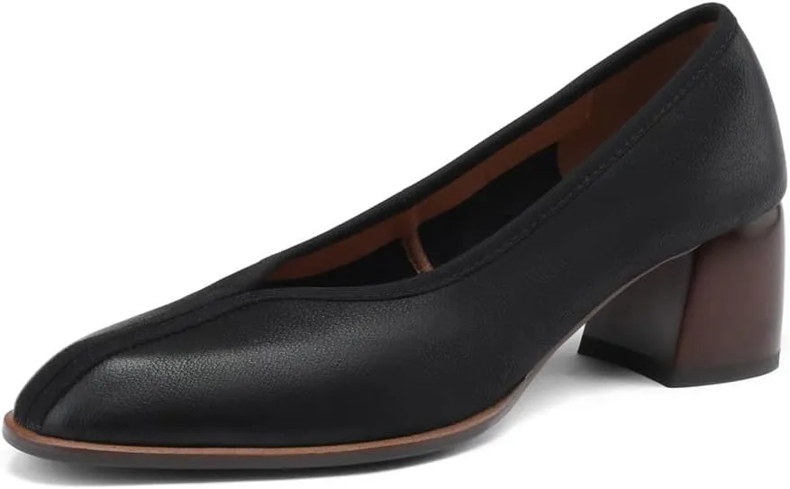 TinaCus Women's Round Toe Genuine Leather Handmade Chunky Heels Office Lady Pumps Shoes