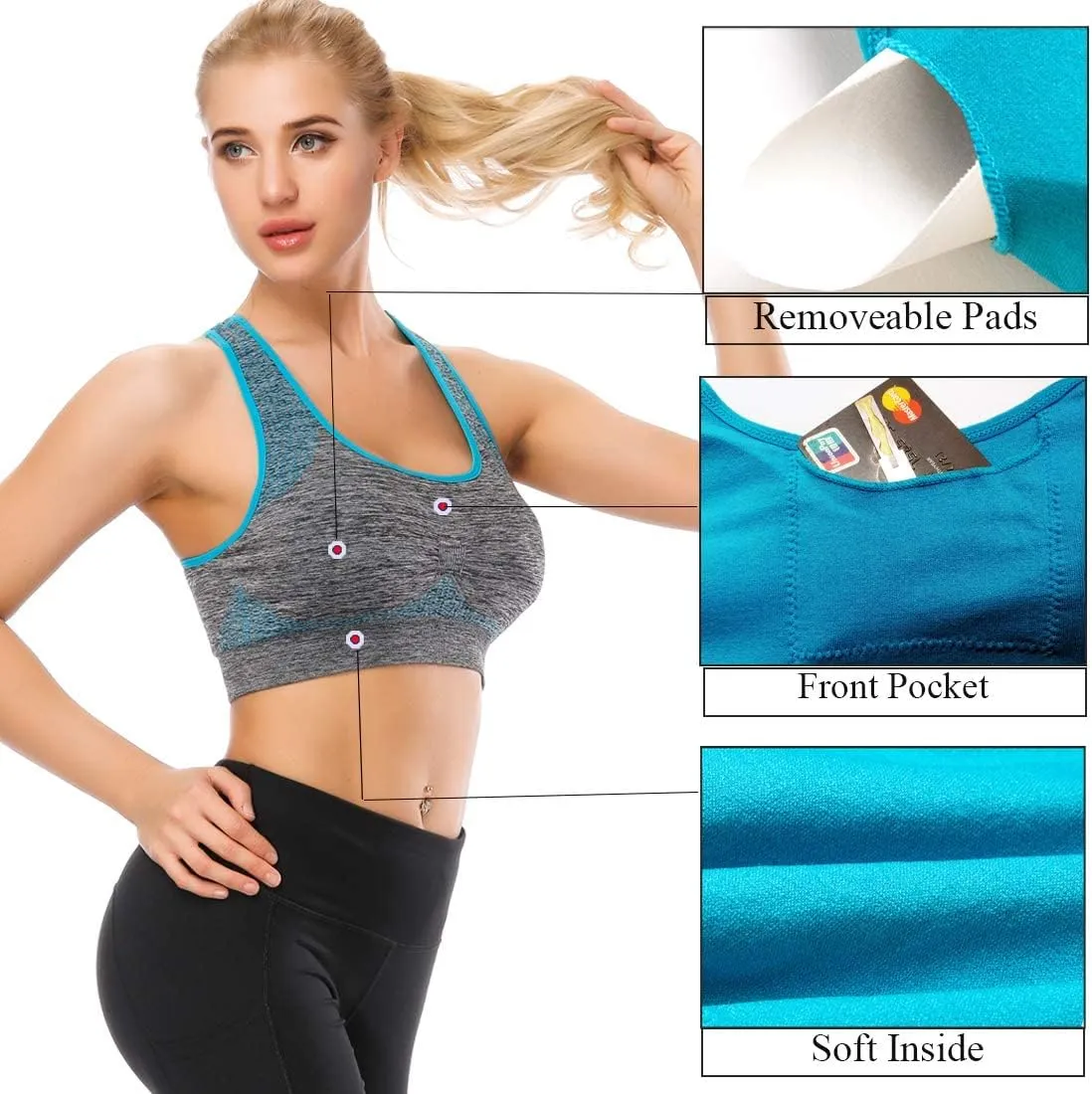 TOBWIZU Sports Bras for Women, Medium Support Yoga Gym Activewear Bras with Pocket