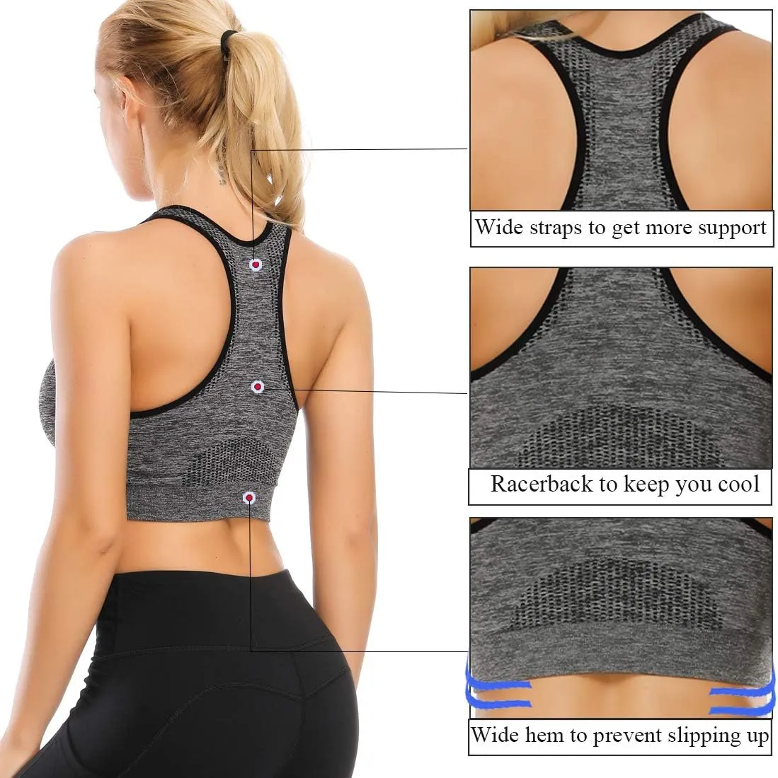 TOBWIZU Sports Bras for Women, Medium Support Yoga Gym Activewear Bras with Pocket