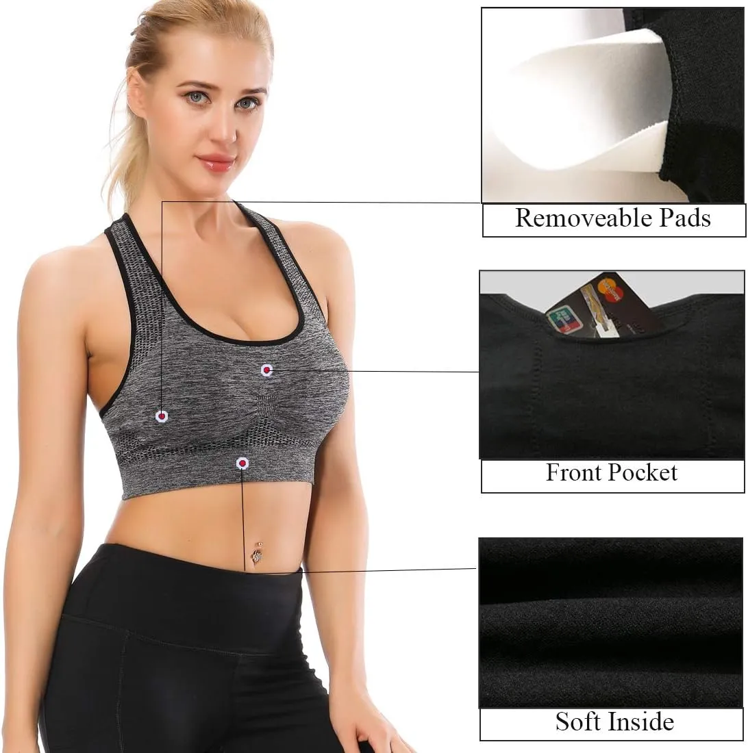 TOBWIZU Sports Bras for Women, Medium Support Yoga Gym Activewear Bras with Pocket