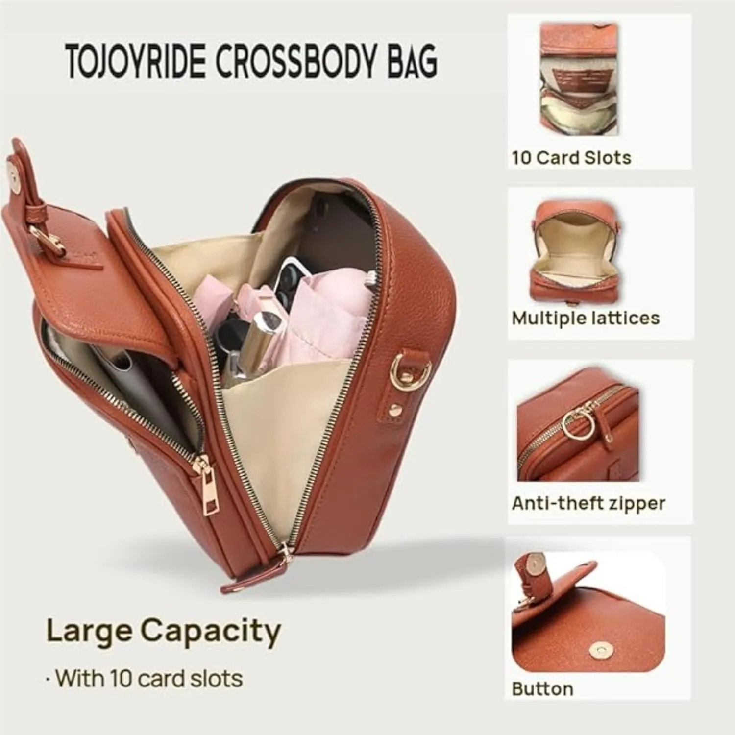 Tojoyride Crossbody Bag, Vintage Urvashi Crossbody Bag with 10 Card Slots, Women Shoulder Handbags with Anti-Theft Zipper
