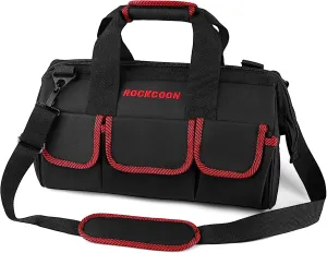 Tool Bag 16'', Multi-pocket Tool Organizer with Shoulder Strap, Heavy Duty Tote with for Tool Storage, Black & Red