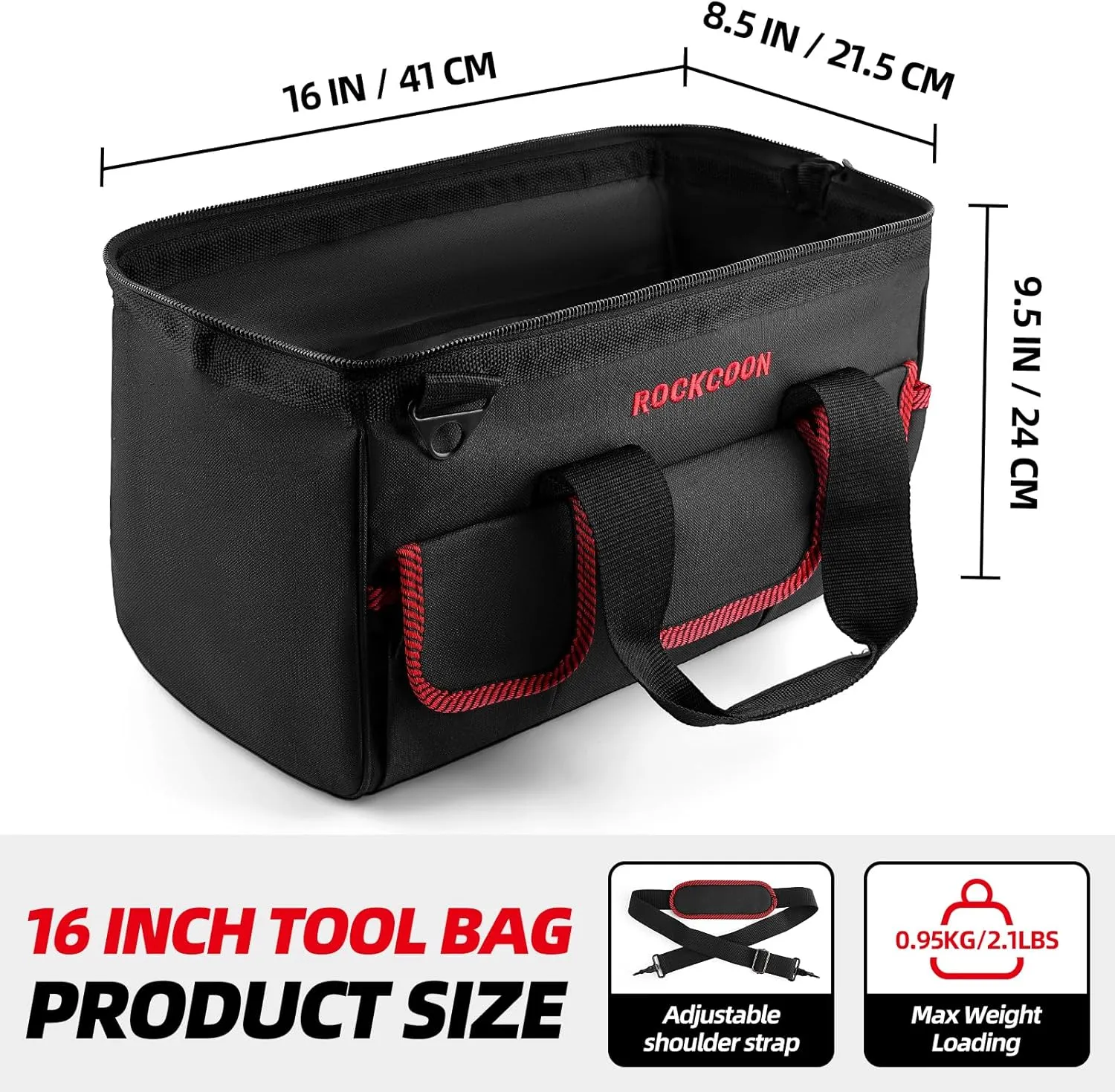 Tool Bag 16'', Multi-pocket Tool Organizer with Shoulder Strap, Heavy Duty Tote with for Tool Storage, Black & Red