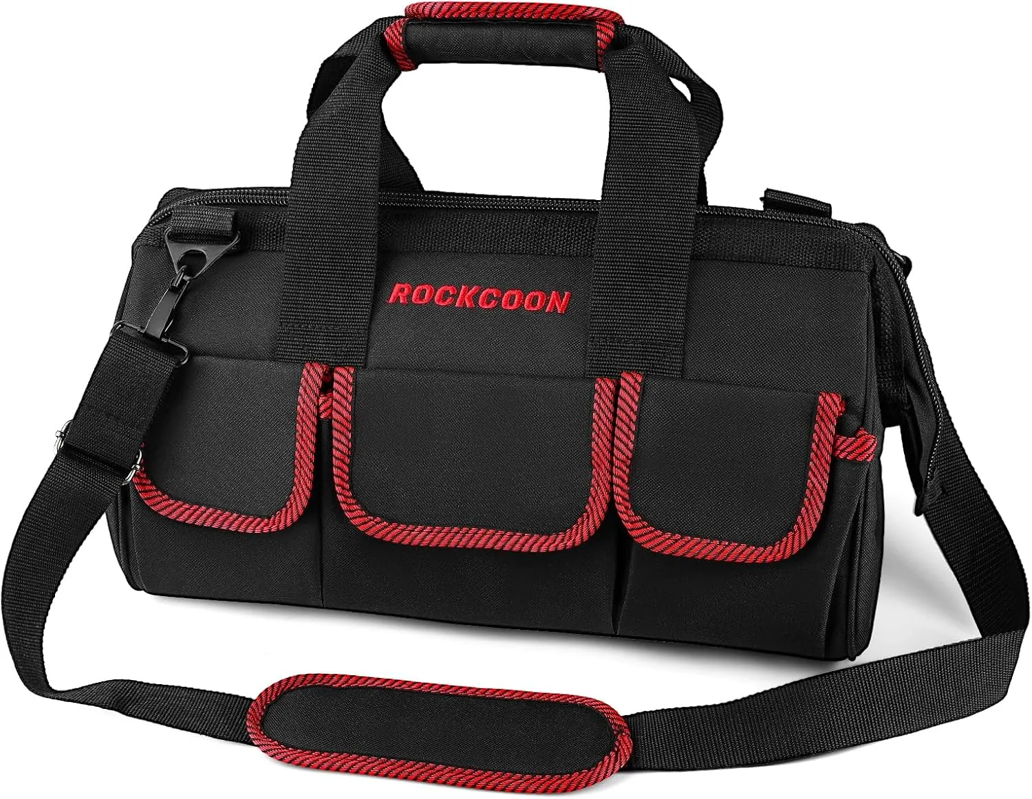 Tool Bag 16'', Multi-pocket Tool Organizer with Shoulder Strap, Heavy Duty Tote with for Tool Storage, Black & Red