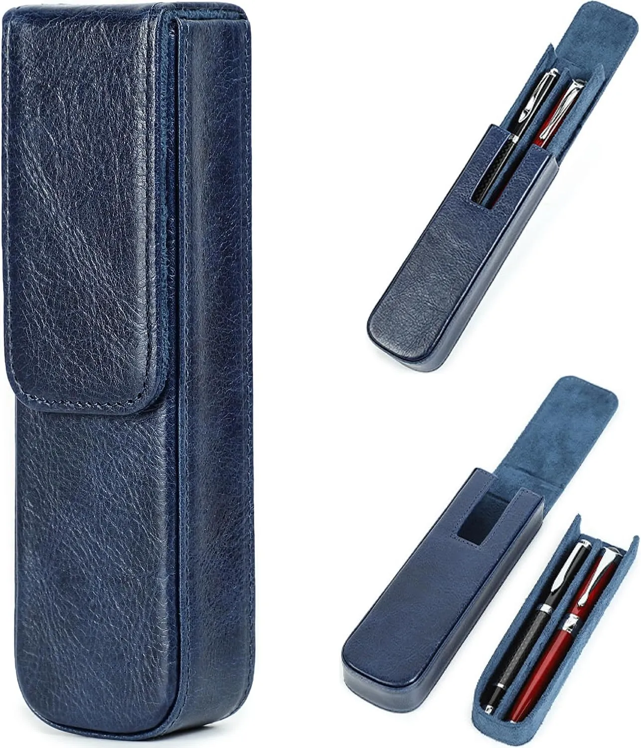 Top Grain Genuine Leather 2 Pen/Pencil Tray Case Holder, Minimalist Fashion Design, Handmade, Magnetic Closing with Drawer Design, Gift Choice for Man/Woman/Office, Glossy Blue, 2 Slots