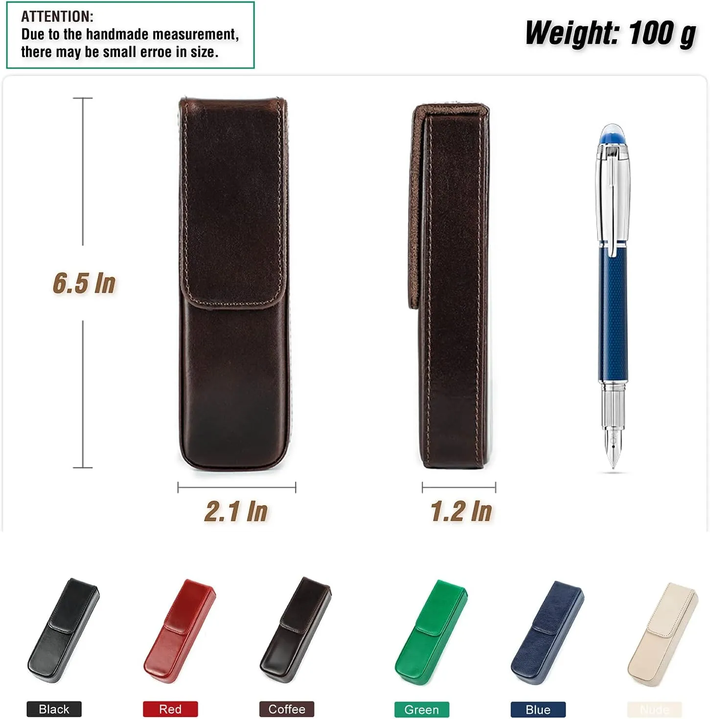 Top Grain Genuine Leather 2 Pen/Pencil Tray Case Holder, Minimalist Fashion Design, Handmade, Magnetic Closing with Drawer Design, Gift Choice for Man/Woman/Office, Glossy Blue, 2 Slots