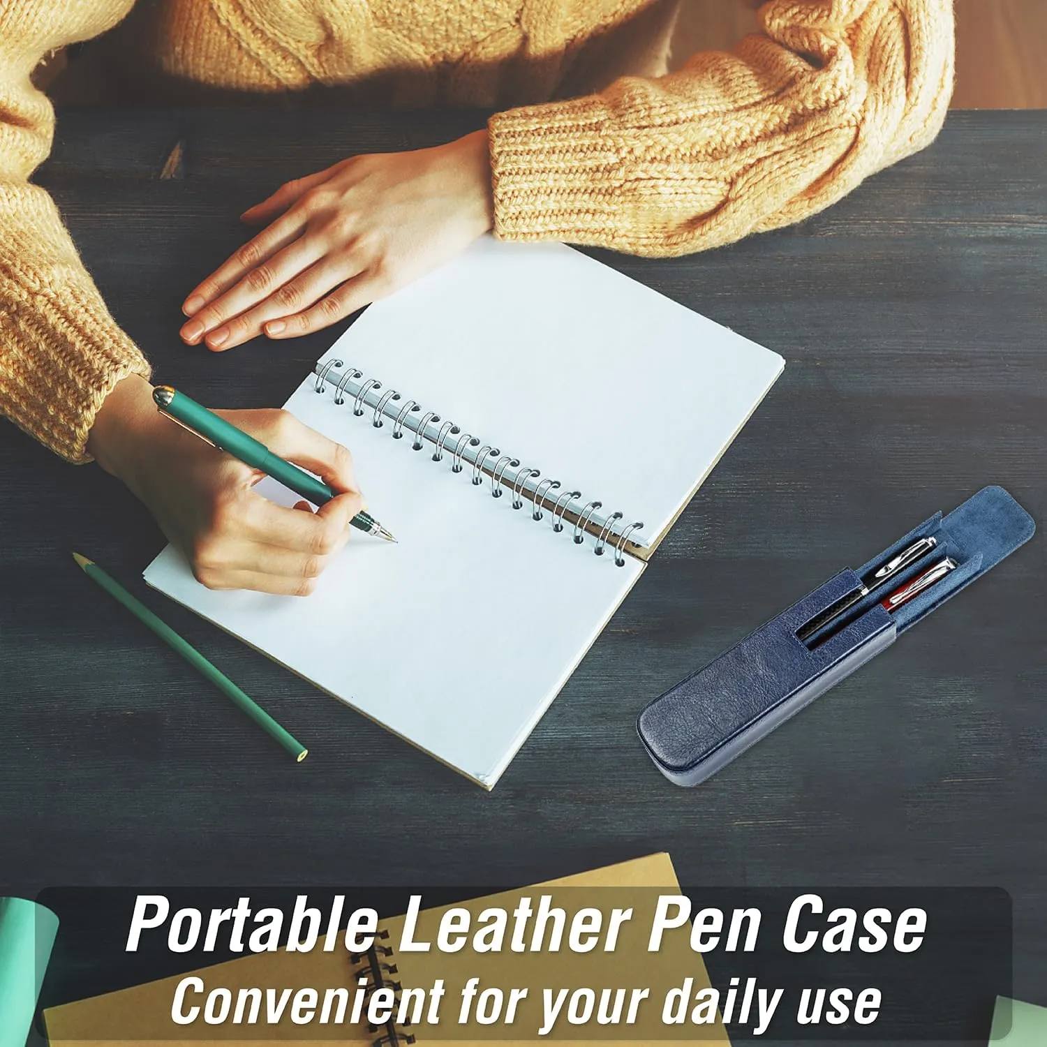 Top Grain Genuine Leather 2 Pen/Pencil Tray Case Holder, Minimalist Fashion Design, Handmade, Magnetic Closing with Drawer Design, Gift Choice for Man/Woman/Office, Glossy Blue, 2 Slots