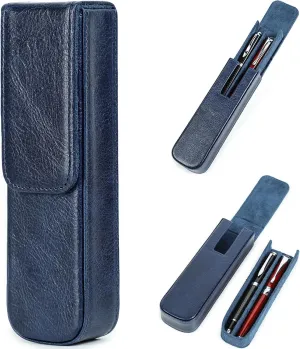 Top Grain Genuine Leather 2 Pen/Pencil Tray Case Holder, Minimalist Fashion Design, Handmade, Magnetic Closing with Drawer Design, Gift Choice for Man/Woman/Office, Glossy Blue, 2 Slots