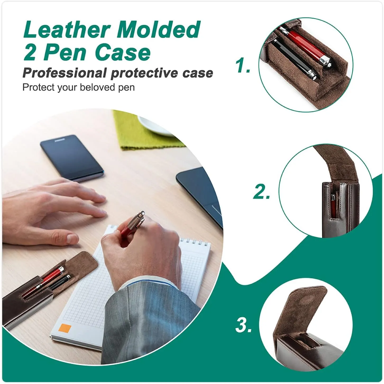 Top Grain Genuine Leather 2 Pen/Pencil Tray Case Holder, Minimalist Fashion Design, Handmade, Magnetic Closing with Drawer Design, Gift Choice for Man/Woman/Office, Glossy Blue, 2 Slots