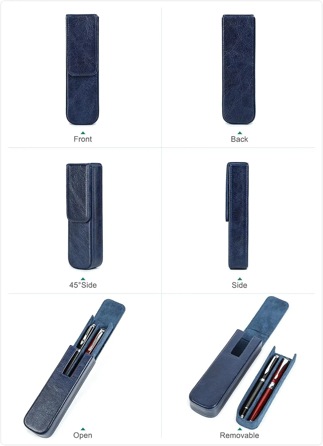 Top Grain Genuine Leather 2 Pen/Pencil Tray Case Holder, Minimalist Fashion Design, Handmade, Magnetic Closing with Drawer Design, Gift Choice for Man/Woman/Office, Glossy Blue, 2 Slots