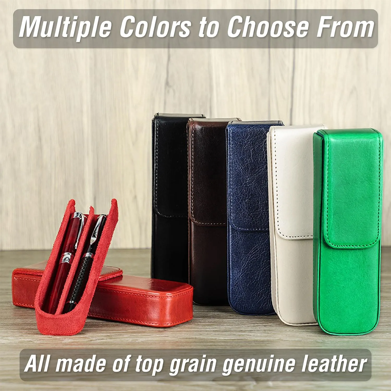 Top Grain Genuine Leather 2 Pen/Pencil Tray Case Holder, Minimalist Fashion Design, Handmade, Magnetic Closing with Drawer Design, Gift Choice for Man/Woman/Office, Glossy Blue, 2 Slots